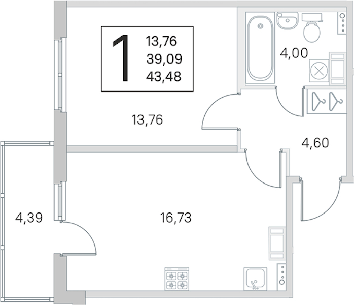 1-комнатная квартира 39.09 м², 4/4 эт., ЖК «Любоград в Стрельне»